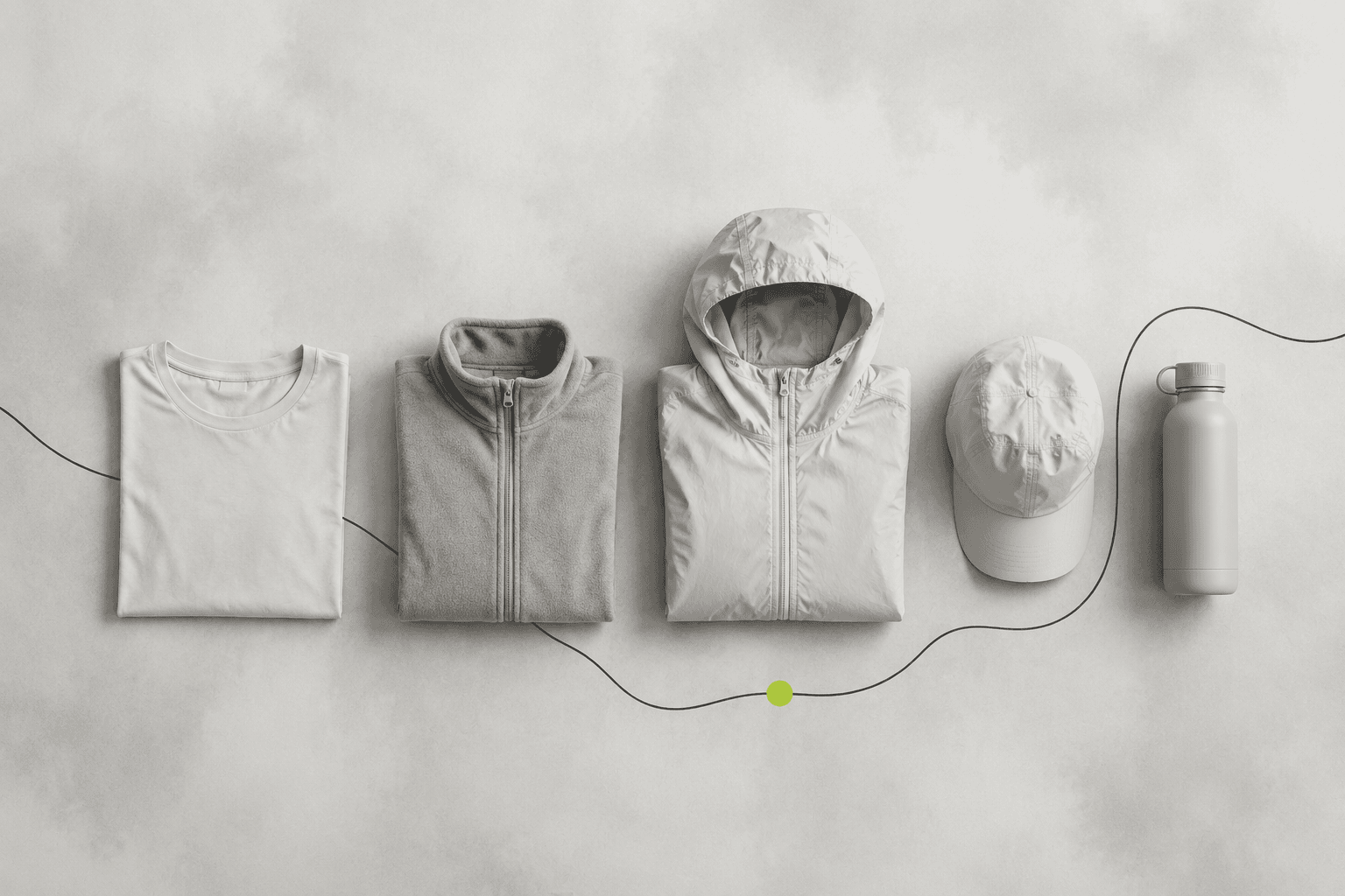 Minimal flat-lay of a half-day light layering set with a thin black route line and a lime waypoint.
