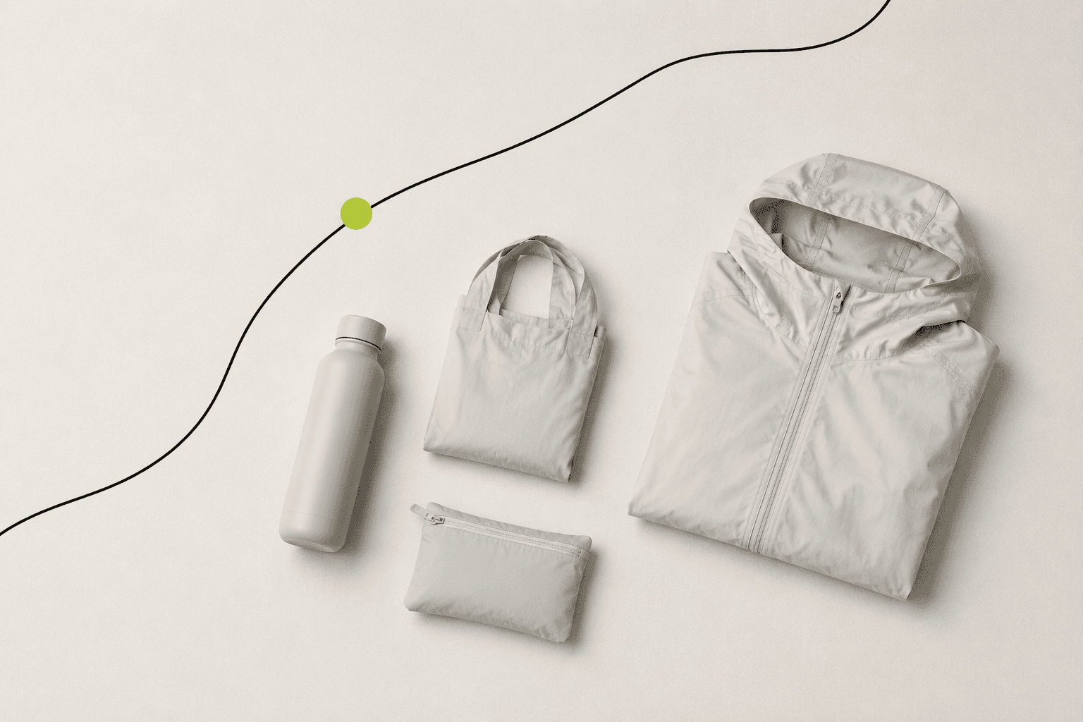 Minimal flat-lay of a one-mile errand kit with a thin black route line and a lime waypoint.