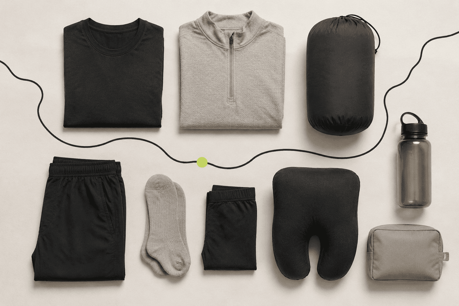 Minimal grid flat-lay of a light overnight kit with a thin black route line and a lime waypoint.