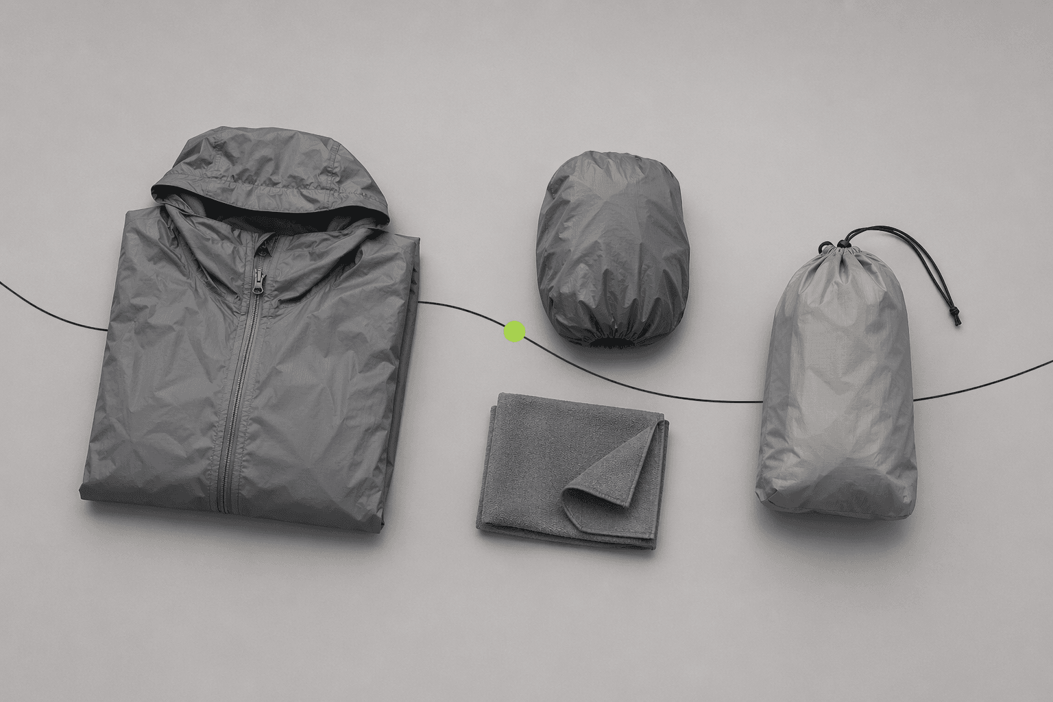 Minimal flat-lay of a rain layer edit on fog grey with a thin black route line and a lime waypoint.