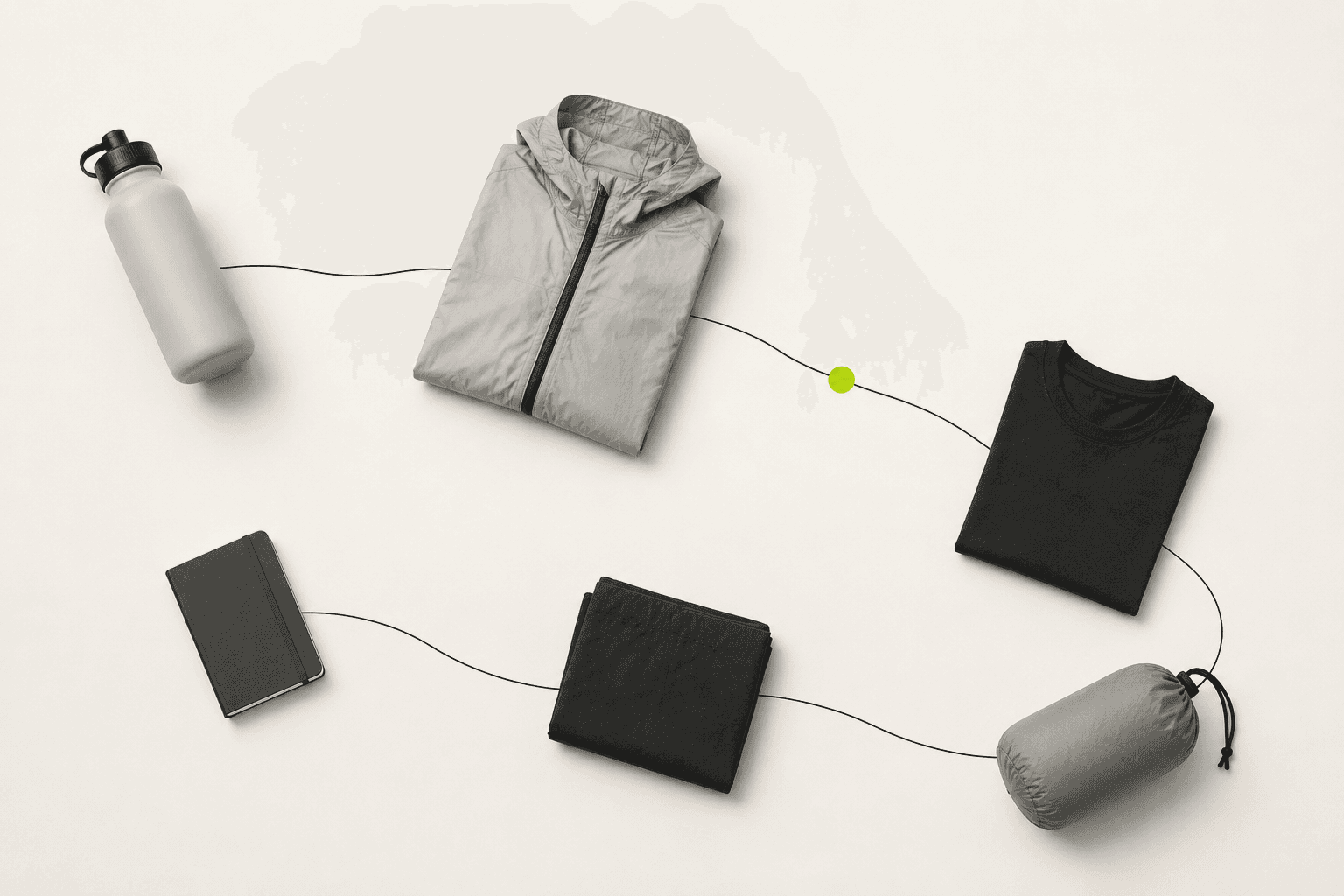 Ultralight gear flat-lay with a single black route line and a lime waypoint dot.